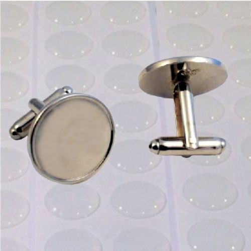 Cufflink Pair Round 18mm silver and clear dome